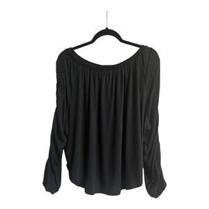 Free People NWT Womens XS Oversized Off Shoulder Top Black Long Ruched Sleeves
